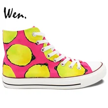 Вэнь оригинальные окрашены вручную обувь дизайн на заказ лимон розовый высокие холщовые кроссовки женские подарки