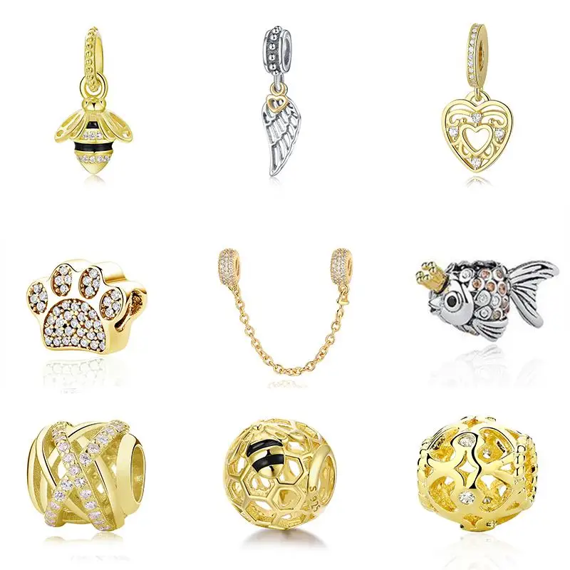 

Bee Hive Gold Color Galaxy Clear CZ Bead Real 925 Sterling Silver Charm Fit Original Pandora Bracelet DIY Jewelry Making