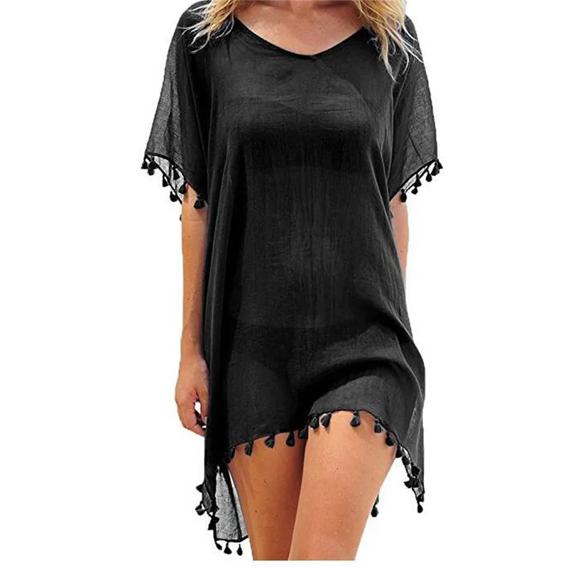 

2018 New Chiffon Tassels Beach wear Women Swimsuit Cover up Swimwear Bathing Suits Summer mini Dress loose solid Pareo Cover Ups
