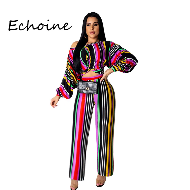 Женский комплект 2 шт. в полоску с длинным рукавом и вырезом на плече Echoine
