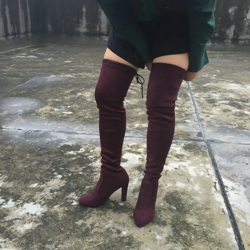 

Womens Stretch Suede Over the Knee Boots Sexy Fashion Slim Thigh High Boots Chunky Heels Plus Size Shoes Woman 2016 Black Grey