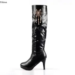 Yifsion/стильные женские зимние сапоги до колена, пикантная обувь на шпильках, элегантная повседневная женская обувь черного цвета с круглым