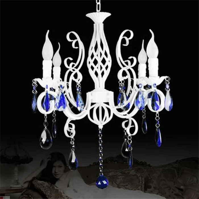 Retro-Rustic-Wrought-Iron-Chandelier-E14-4pcs-LED-Candle-Light-Pure-White-Vintage-Antique-Blue-Crystal