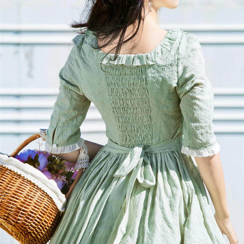 YOSIMI 2018 Summer Vintage Cotton and Lace Long Women Dress Tunic Prairie Chic Style Green Women Dress Mid-calf Evening Party