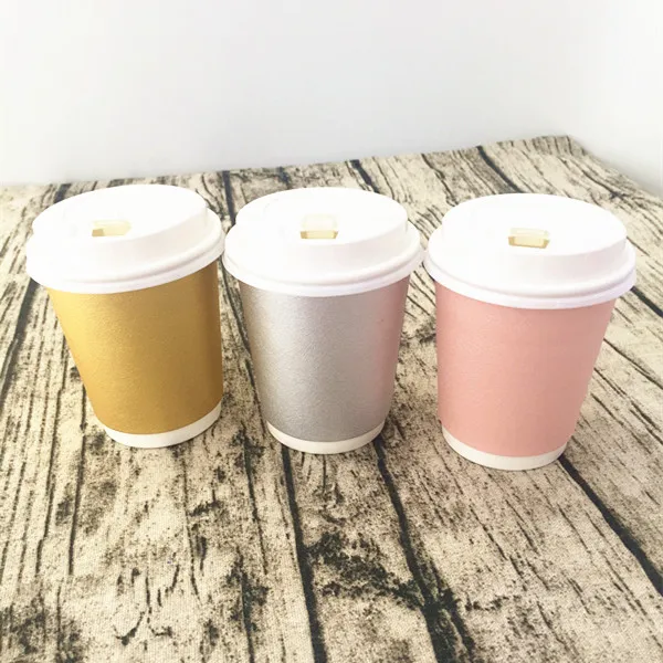 

30pcs Thick Coffee Paper Cup Foil Gold/Pink/Silver Paper Cups With White Lids Black Lids Hot Beverage Drink Coffee Milk Tea Cups