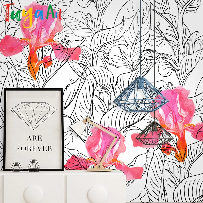 1458 43 De Réductionlivraison Gratuite Simple Crayon Dessin Croquis Fleurs Papier Peint Moderne Minimaliste Style Canapé Tv Fond Mural Papier