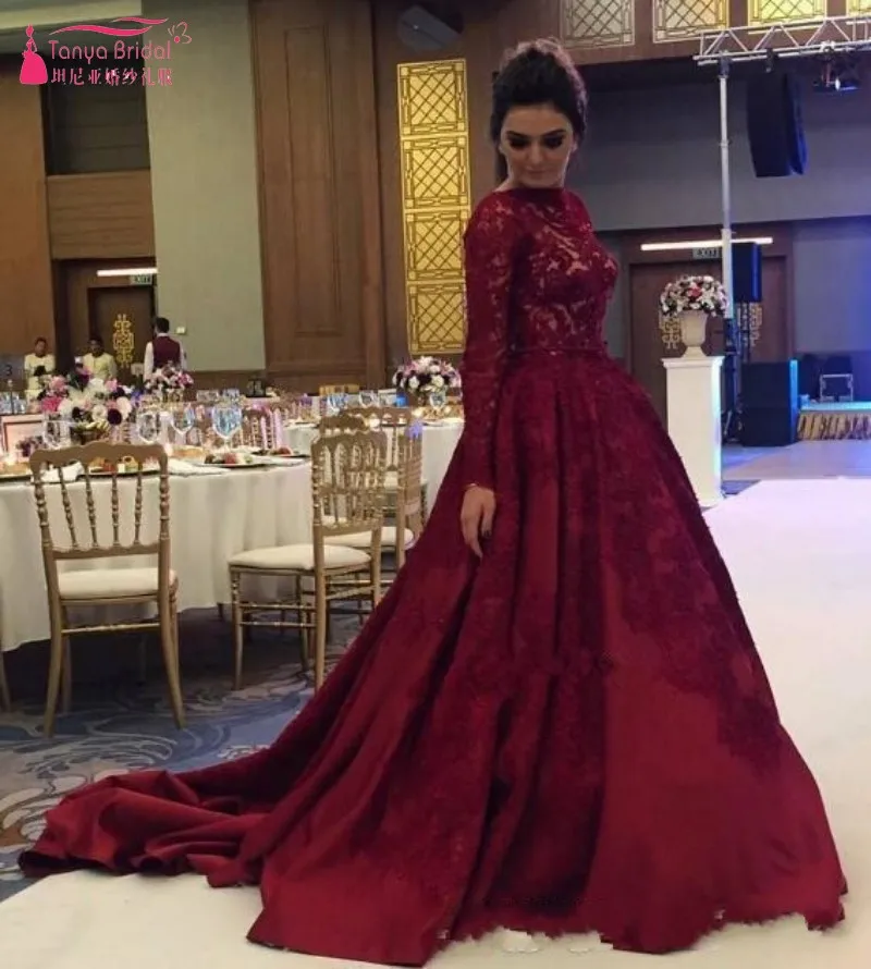 Luxury Burgundy Lace Arabic Muslim Evening Dresses 2019 Long Sleeves A ...