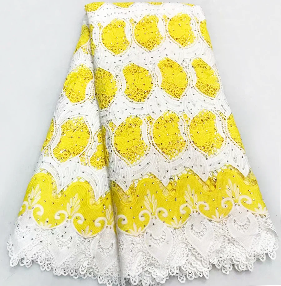 

2018 Newest Fashion Yellow White With Beaded Milk Silk Print(polyester) Super Soft Guipure Lace Fabric For Women's Dress