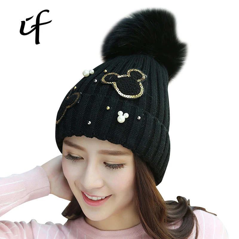 

Rhinestone Women's Thicken Warm Pompom Winter Autumn Sled Spring Shoe Thermal Knitted Female Hat For Women Girl Hats Caps Beanie