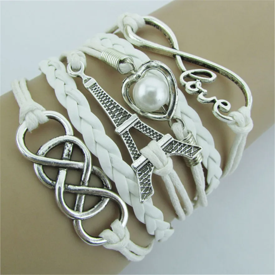 Великолепный модный браслет для женщин и мужчин знак бесконечности любящее сердце Эйфелева башня дружбы кожаный Подарочный браслет с брелоками#1212