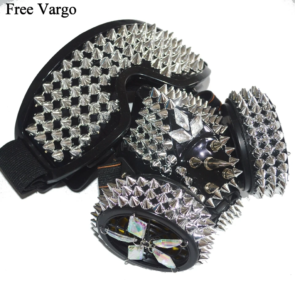 Holographic Rave Halloween Streampunk Burning Man Spike Rivet Costume Cyber Goth Masquerade Gas Mask Goggles Cosplay Outfit