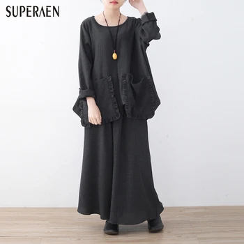 

SuperAen Women's Sets Spring Woman Loose Fold Pluz Size Cotton Shirt Casual Elastic Waist Wide Leg Pants Women Two Pieces 2018