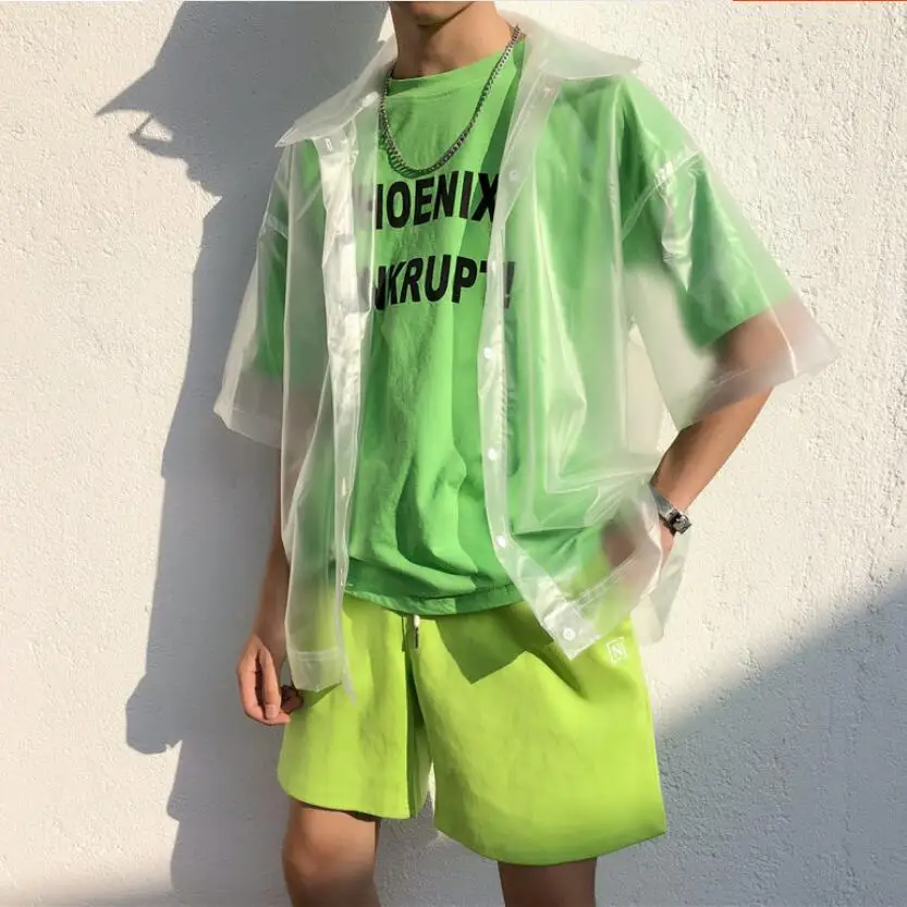 Ropa de plástico transparente para hombre, camisa de manga corta, chaqueta, moda, estilista, club nocturno, Dj, cantante, nueva|Camisas informales| - AliExpress