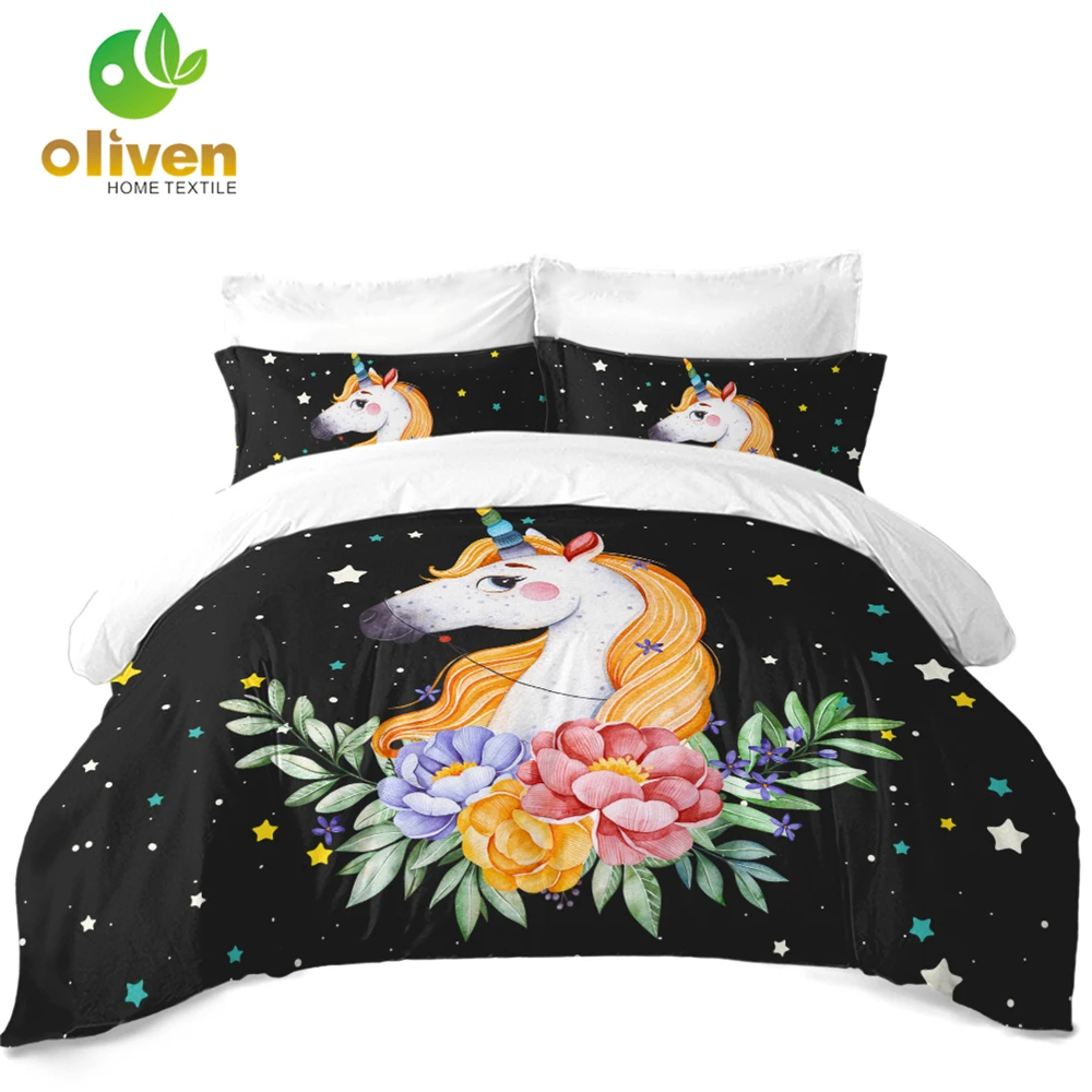 

Sugar Unicorn Bedding Set Colorful Stars Duvet Cover Set Floral Unicorn Design Bedding Girls Princess Bedclothes Pillowcase D40