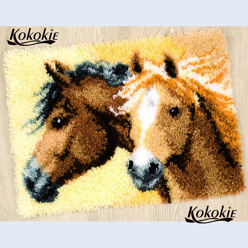 

Two horse latch hook rug kits canvas printing vloerklee foamiran for needlework crochet needle for carpet embroidery diy tapijt