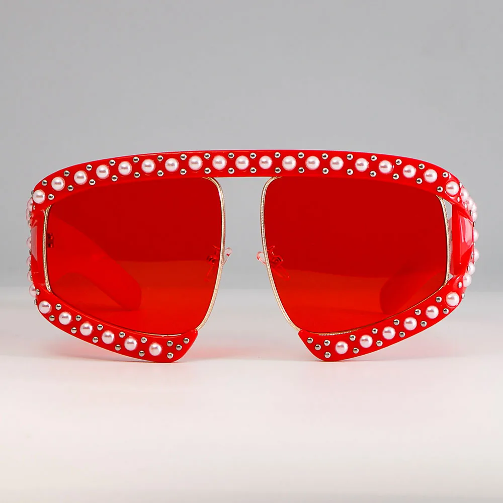 Очки, солнцезащитные очки для женщин, роскошные оттенки, очки с жемчугом, оправа, красные зеркальные очки, негабаритные, UV400, брендовые очки для женщин