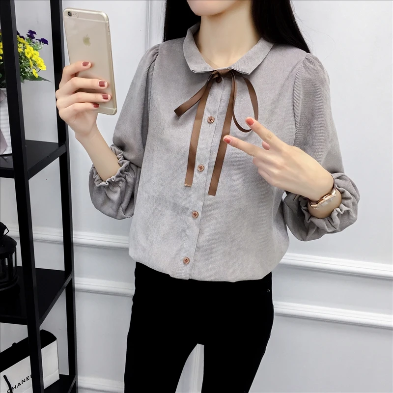 Autumn Long Sleeve Women Shirt Preppy Style Bow Woman Shirt Corduroy Plus Thick Solid Color Women Blouses Turn-Down Collar Top (17)