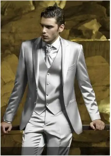 Пользовательские Silver Grey атласная мужской костюм Slim Fit Тощий простой этап выпускного наряд пиджак Для мужчин 3 предмета мужской костюм(куртка+ брюки+ жилет - Цвет: 1