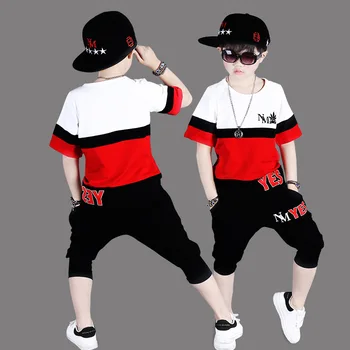 

Kids Summer children's clothing set Costume Red White T-shirt & dance Hip Hop harem Shorts kids gun suits twinset