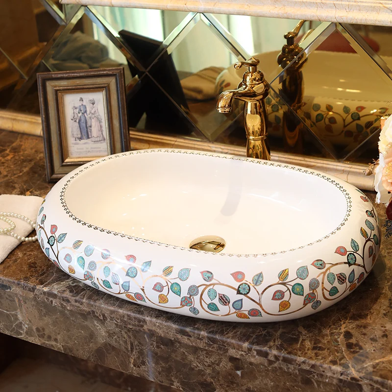 Imitation stones lotus pattern porcelain bathroom vanity bathroom sink bowl countertop Oval Ceramic wash basin bathroom sink Imitation stones lotus pattern porcelain bathroom vanity bathroom sink bowl countertop Oval Ceramic wash basin bathroom sink