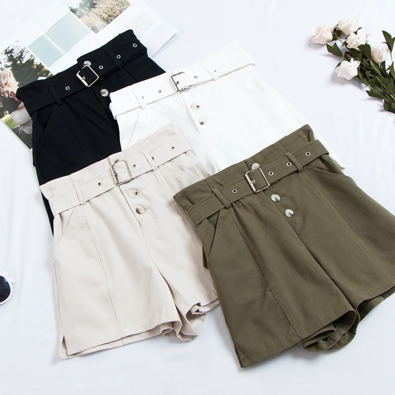 

2019 Summer Safari Style Shorts Women Korean Fashion High Waist Wide Leg Trousers With Sashes Female Casual Army Green Bottom