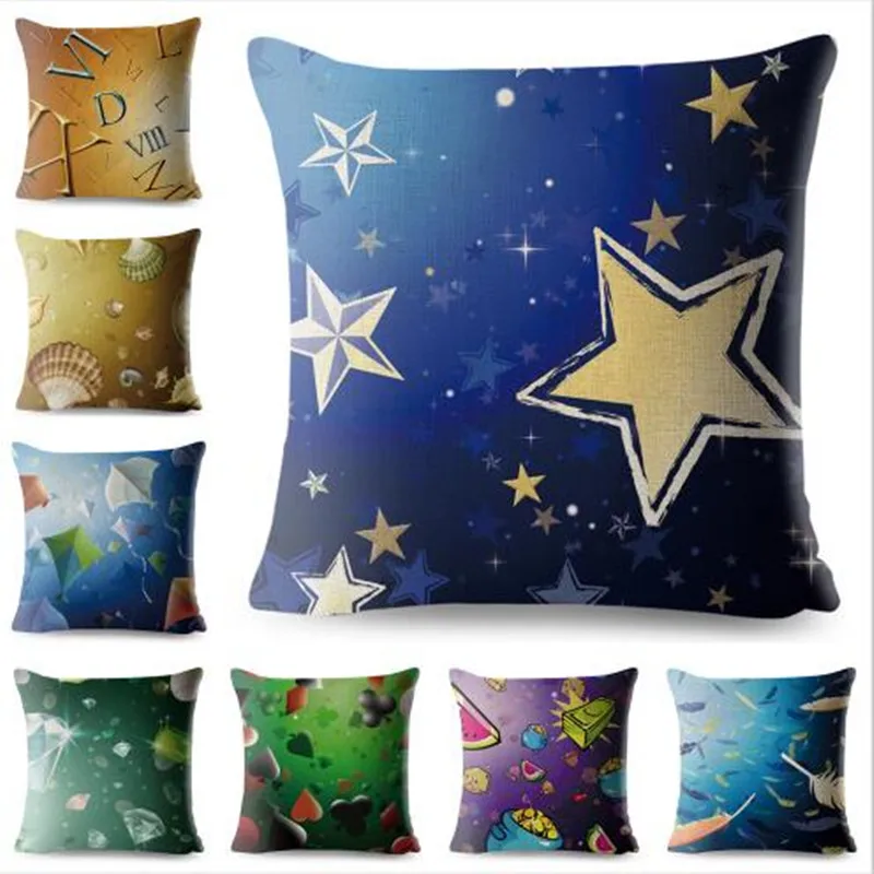 

Colorful Stars Snowflake Linen Cushion Cover Sofa Home Decoration Geometric Letter Pillowcases Yellow Blue Pillow Case 45x45 cm