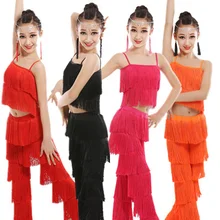 Платье для латинских танцев для детей, девочек, взрослых, бальных танцев, с бахромой, топы, штаны, сальса, Самба, костюм, детский танцевальный костюм для соревнований
