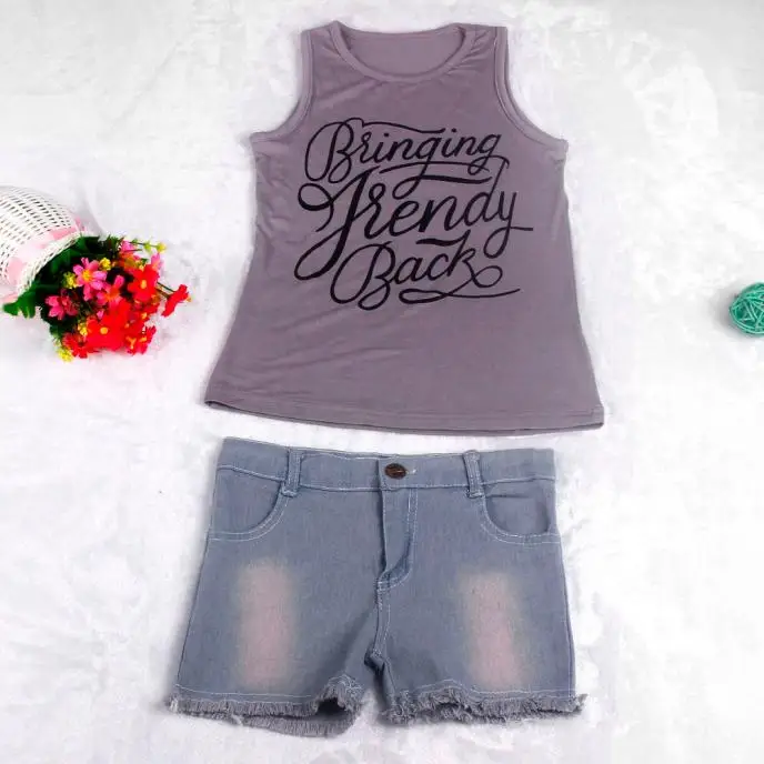 

Fashion New Toddler Kids Baby Girl Sleeveless Letter Print Vest Tops+Ripped Denim Shorts Jeans 3PCS Outfits Summer Clothes Set