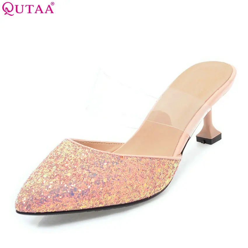 

QUTAA 2018 Women Sandals All Match Pu Leather Bling Fashion Pointed Toe Thin High Heel Slip on Ladies Shoes Size 34-43