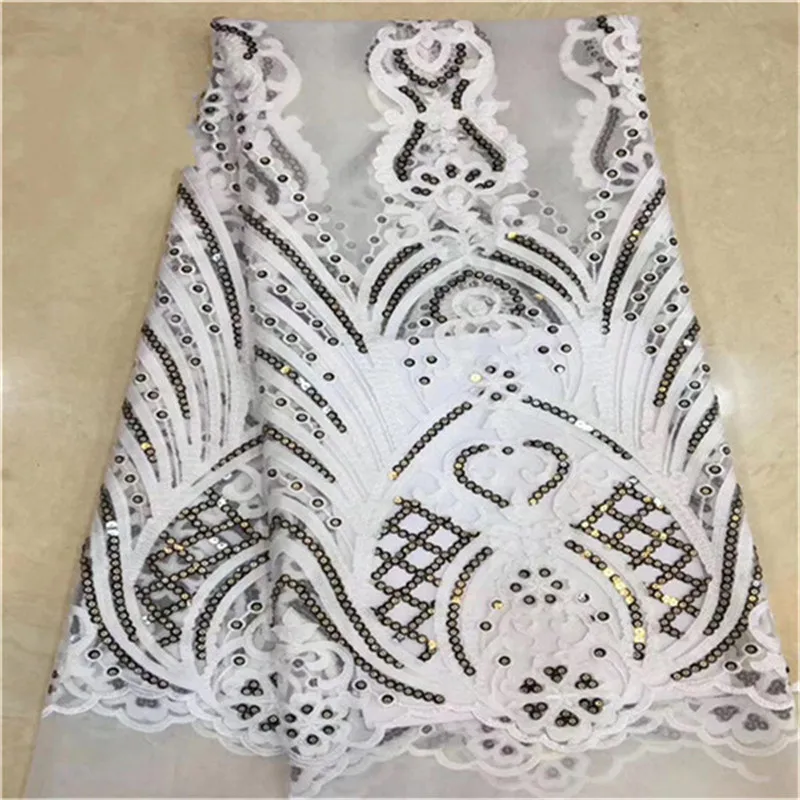 

2019 New Design french lace fabric with Sequins mesh tulle high quality nigerian lace fabrics for wedding 2019 5 Yards/lot