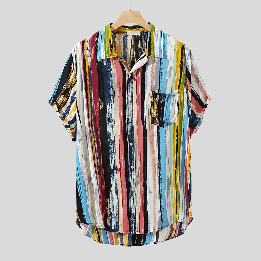 Mens Casual Dress Shirt Button Down Shirts Striped Printed Chest Pocket Tops Loose Short Sleeve Tee Blouse