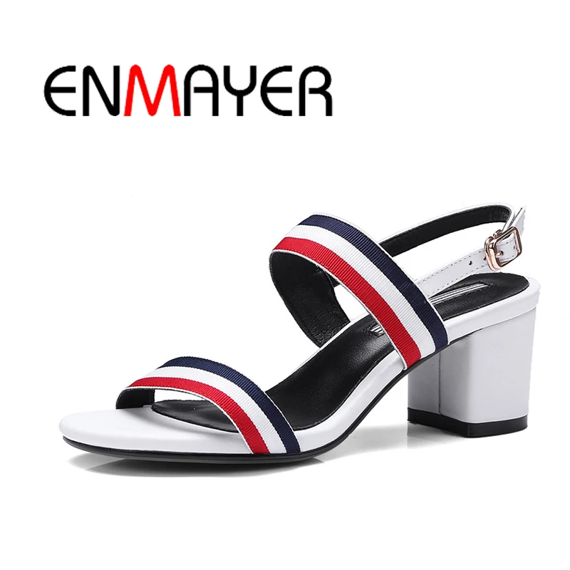 

ENMAYER 2018 Summer Elegant Women Denim Square Heels Sandals Summer Round Toe Sandals Office Daily Shoes Woman Size 33-41 WHY52