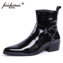 Новые роскошные ковбойские мужские ботинки с высоким берцем в стиле панк, винтажные мужские мотоциклетные ботильоны из лакированной кожи с острым носком, JS82