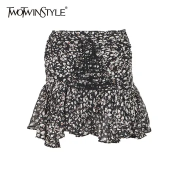 

TWOTWINSTYLE Print Leopard Hit Color Skirts For Women High Waist Lace Up Bowknot Zipper Sexy Skirt Female 2020 Summer Fashion Ne
