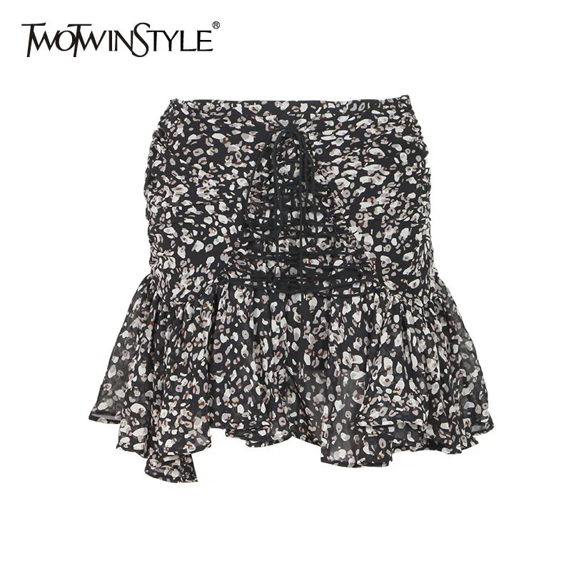 

TWOTWINSTYLE Sexy Print Women Skirt High Waist Bandage Asymmetrical Short Pleated Skirts Female Summer 2019 Vintage Fashion