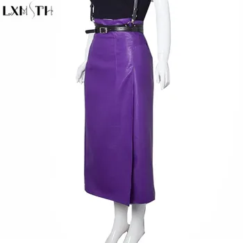 

LXMSTH PU Faux Leather Skirt Women Spring Summer 2019 Sexy Split Long Skirt Fashion Elegant High Waisted Leather Skirts Womens