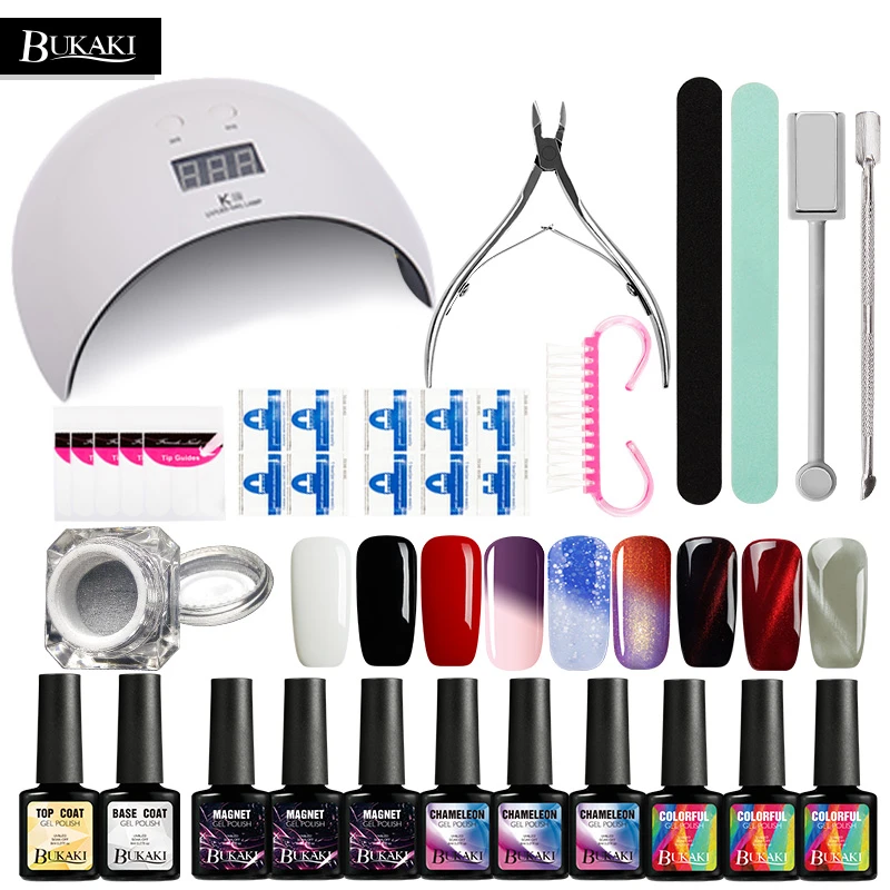 

BUKAKI 29pcs Nail Art Sets Cat Eye Temperature Change Color Nail Polish UV Gel Varnish Hybrid Nail Glitter Powder Top Base Coat