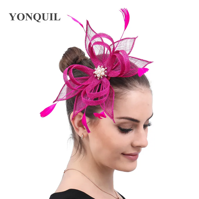 Модные millinery материал Sinamay вуалетки головные уборы т-платформа аксессуары для волос грил вечерние шляпы Костюм для всех сезонов SYF612 - Цвет: magenta