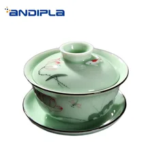 170 мл китайский стиль Longquan Celadon Gaiwan ручная роспись узор лотоса тисненая крышка рыбы чайные чаши Tieguanyin Чайник отправлен друг