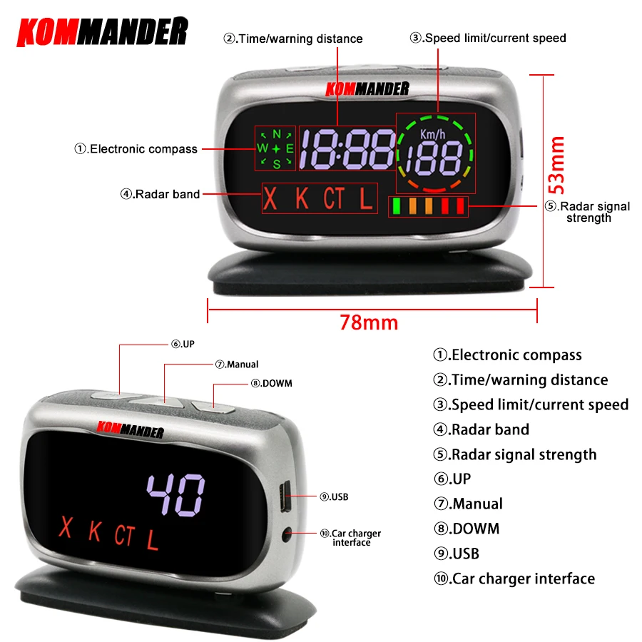 Kommander автомобильный радар детектор анти полицейский Скорость Камера с gps 2 в 1 для
