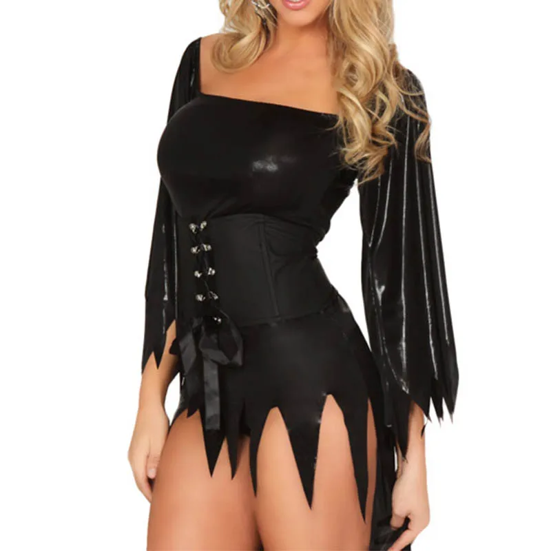 Женский сексуальный черный виниловый костюм ведьмы, платье с бахромой и шляпой для Хэллоуина, косплей, вечерние, Униформа, нарядная одежда W847044