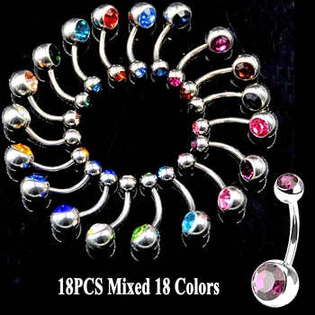 

BOG-18pcs Mixed 18 Colors Surgical Steel Double CZ Crystal Belly Button Ring Zircon Navel Piercing Belly Stud Bar Body Jewelry