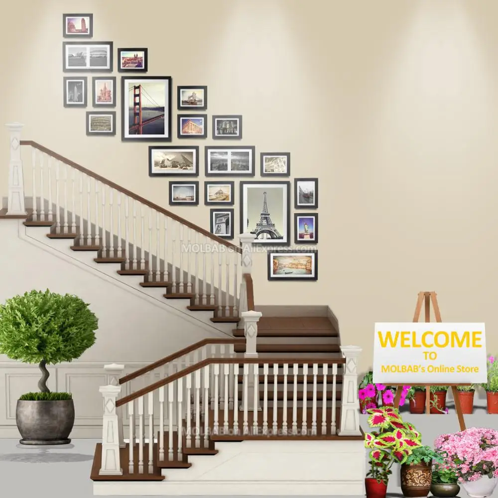 

MOLBAB Wood Photo Frame Stairwell Gallery Wall 20PCS/Set Modern Style Flat Border Wooden Picture Frames Home Stairway Decoration