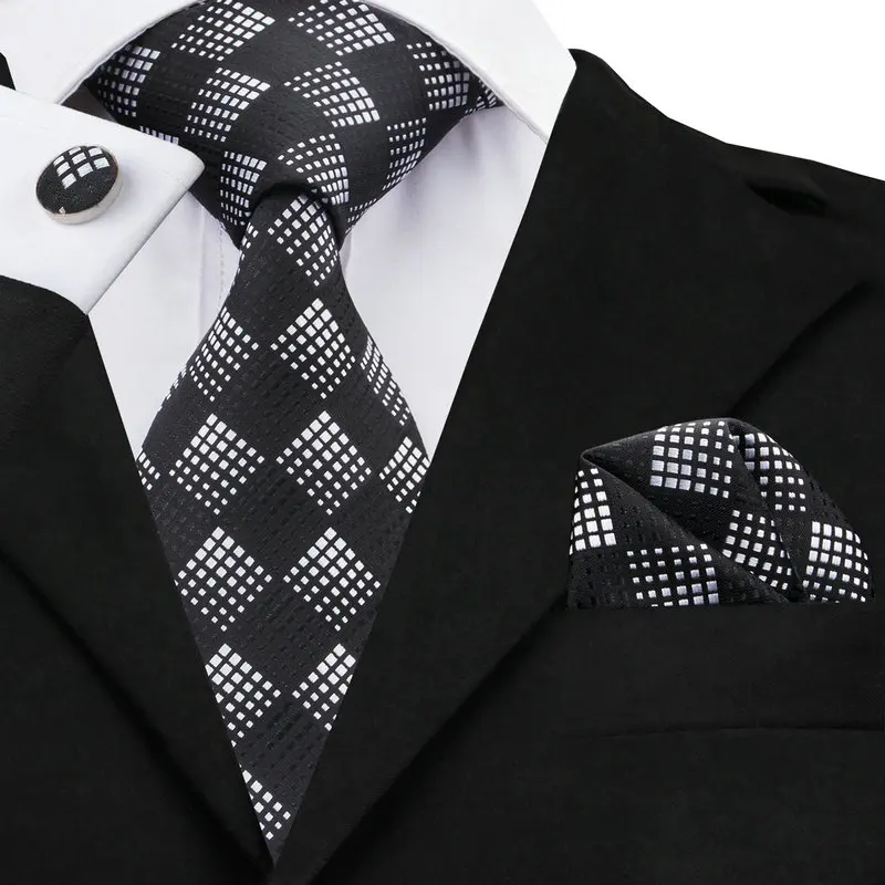 

2016 Fashion black&silver Plaid Tie+Hanky+Cufflinks 100%Silk Jacquard Neckties Ties For Men Formal Business Wedding Party C-258