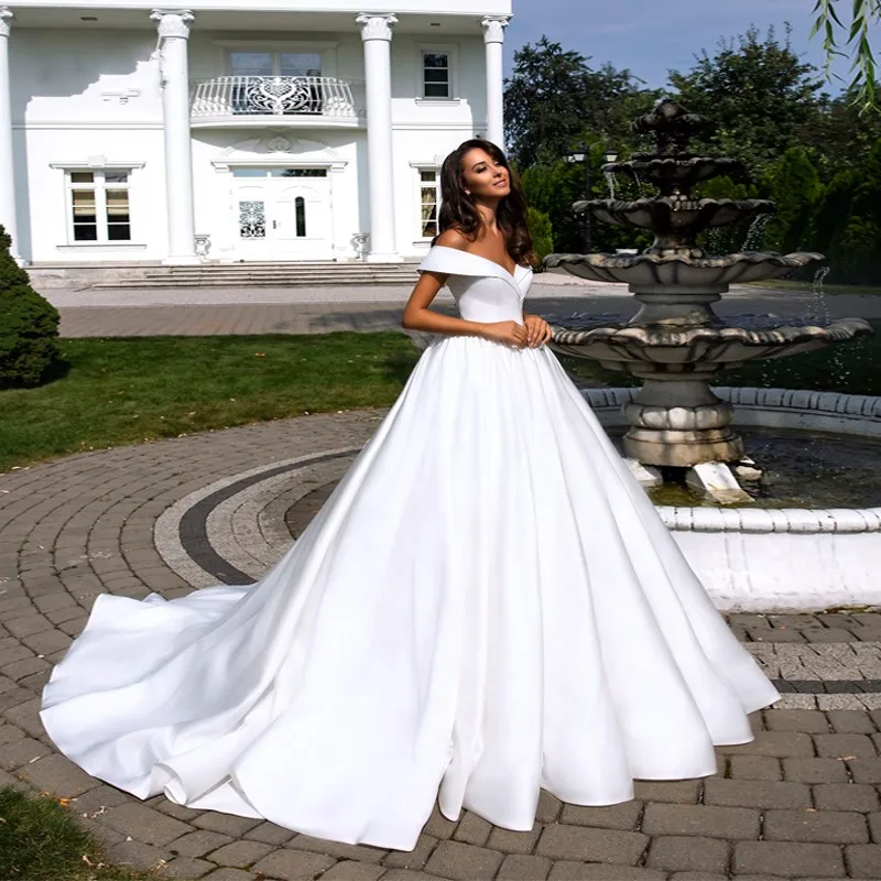 BEPEITHY Elegant Satin V-Neckline Off The Shoulder A-Line Wedding Dress With Folden Wedding Gown 2019 (1)
