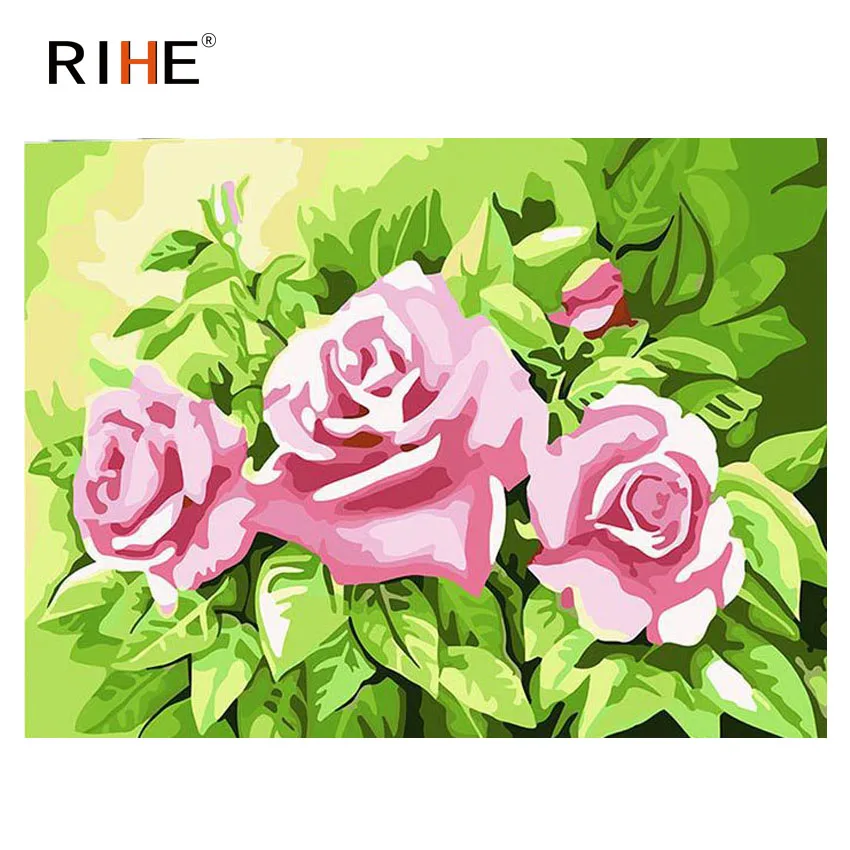 

RIHE Pink Rose Diy Painting By Number Oil Painting On Canvas Hand Painted Green Leaves Cuadros Decoracion Acrylic Paint Home Art