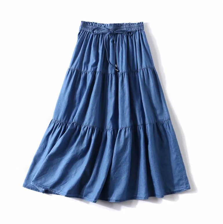 Women Denim Pleated Skirt Vintage High Waist Skirts Spring Autunm
