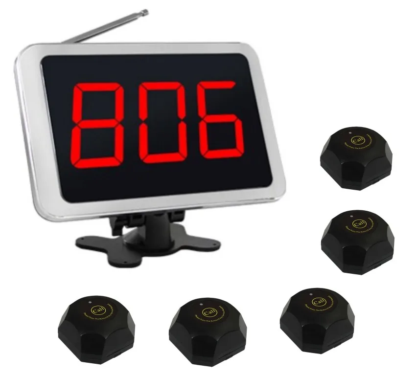 

Pager restaurant, wireless waiter buzzer system, 5pc super signal humburger call bell, 1pc 3 digits screen display receiver