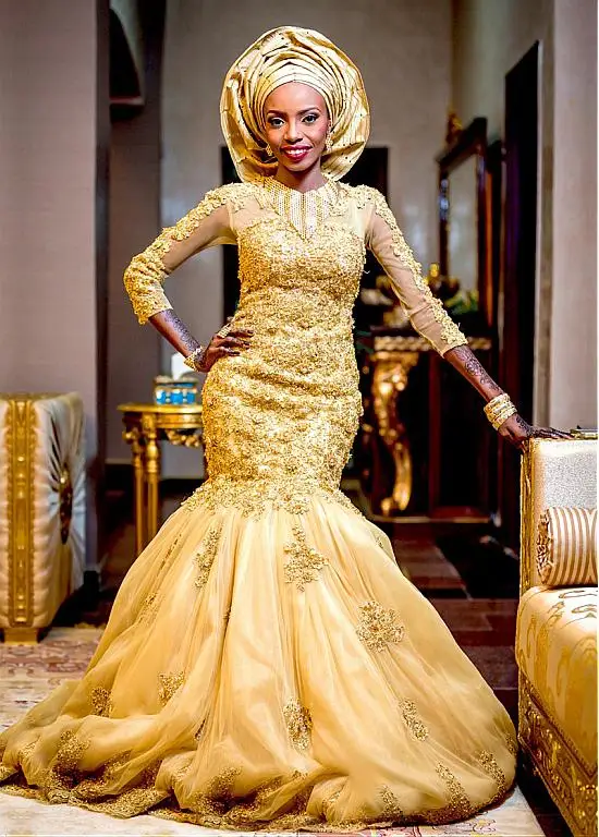 Золотые Высокая шея одежда с длинным рукавом Русалка арабские подвенечные платья 2019 бисером кружевные аппликации Дубай официальные