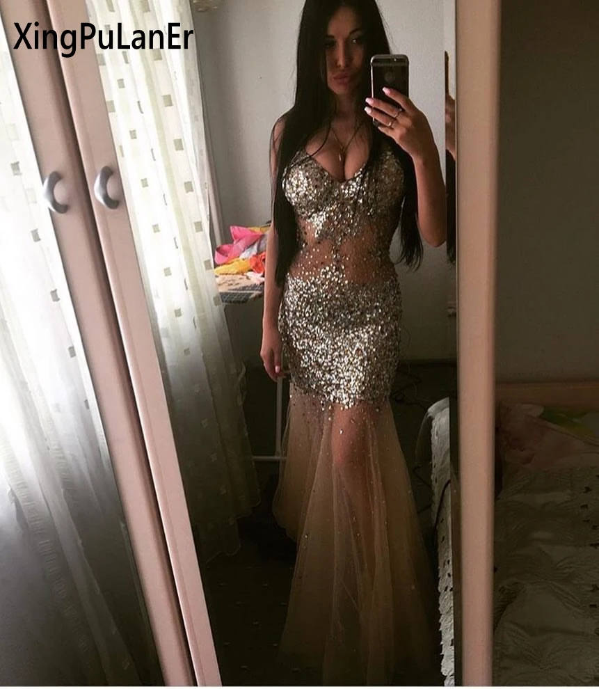 

Sparkle See Through Beaded Crystal Sequin Mermaid Prom Dresses Formal Evening Gowns Graduation Dress